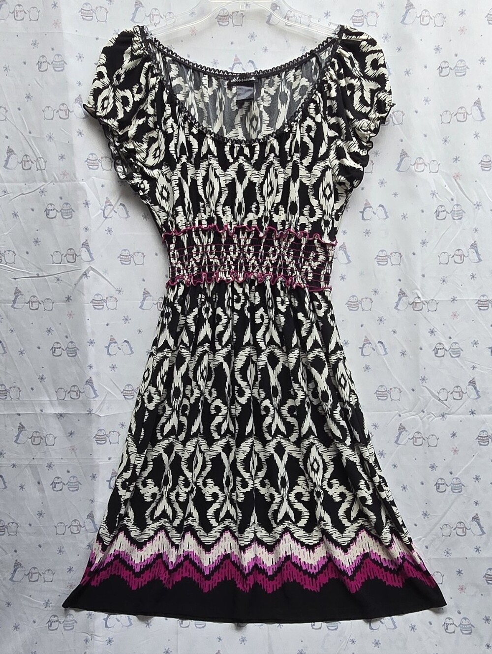 Delusional Smocked Waist Black & White Printed Dress with Pink Hem Accent. M
